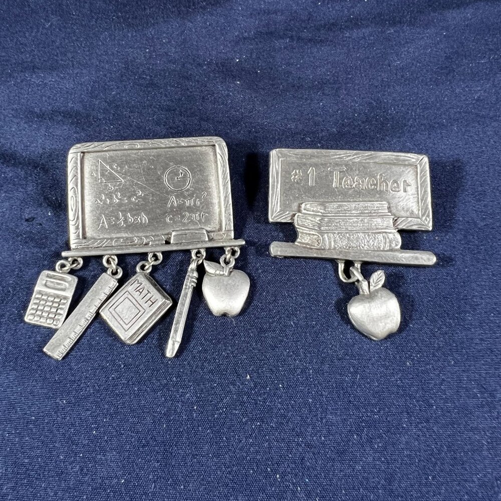 Vintage Teacher Brooch Set: JJ School Charms & Spoontiques #1 Teacher Pewter Pin